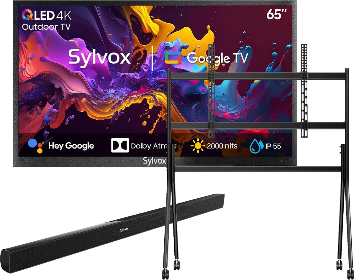 Google 2000Nits Smart TV, 65 pollici, televisore, 4K UHD, QLED, audio Dolby, esterno, IP65, ruote di trasporto, Bluetooth, Pool Pro 2, SYLVOX 65' TV