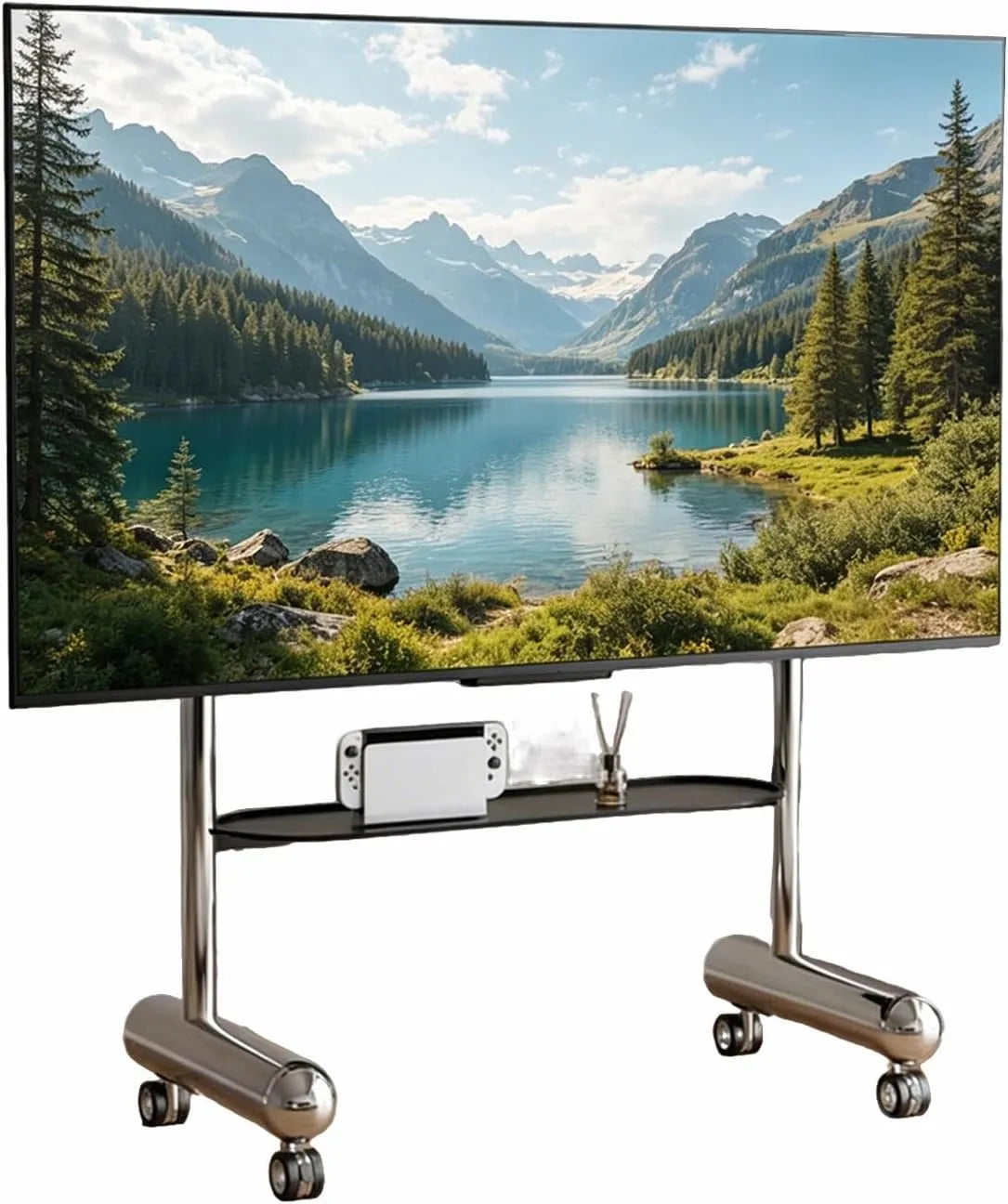 Smart TV, 75 pollici, televisore, ruote di trasporto, decorazione del soggiorno, inclinabile di 13°, Supporto TV da Pavimento con 2 Scomparti Aperti
