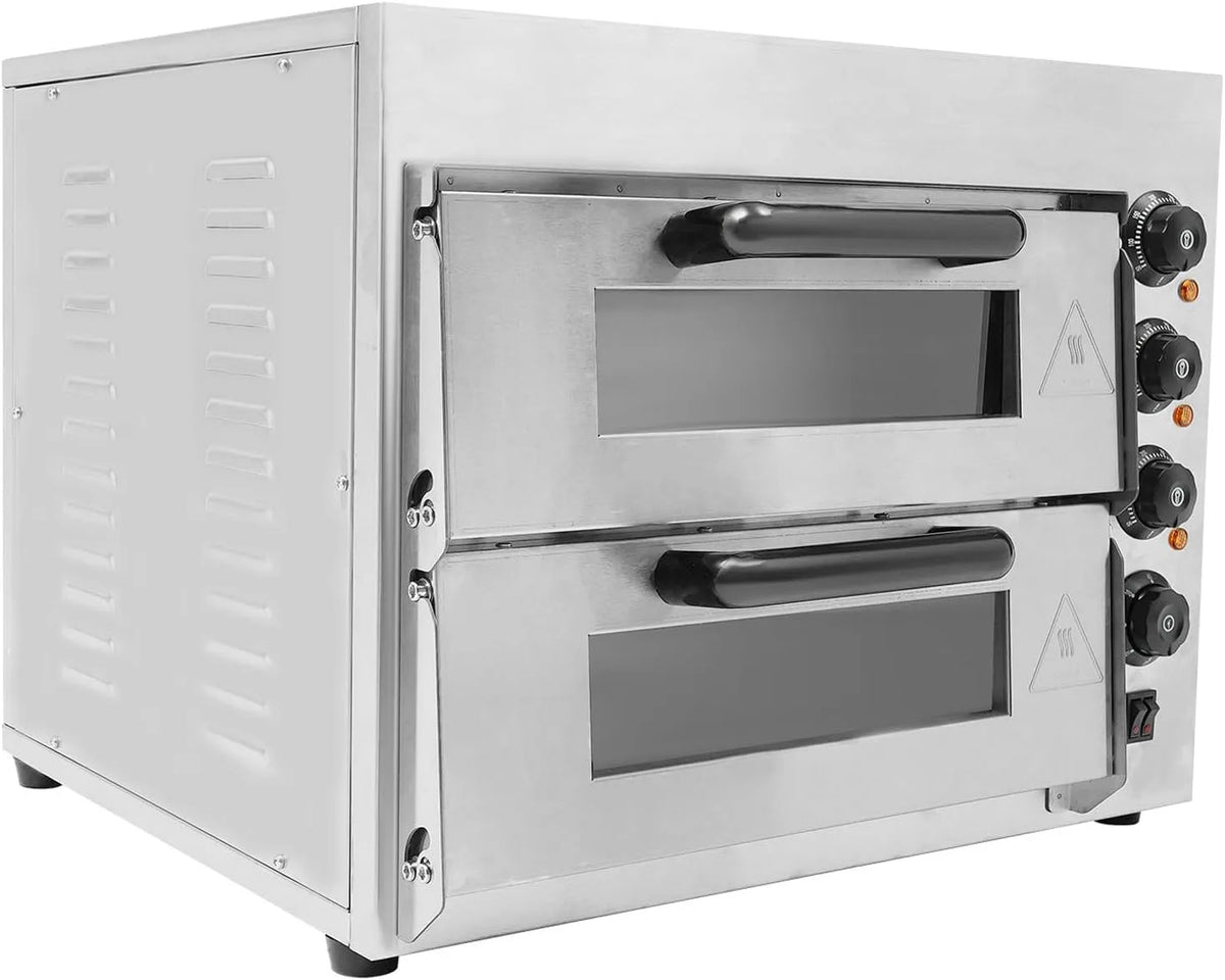 Forno elettrico per pizza, 20 L, 3000 W, 50 a 350 °C, timer, pietra refrattaria, professionale, 2 zone di temperatura, acciaio inox, doppia camera