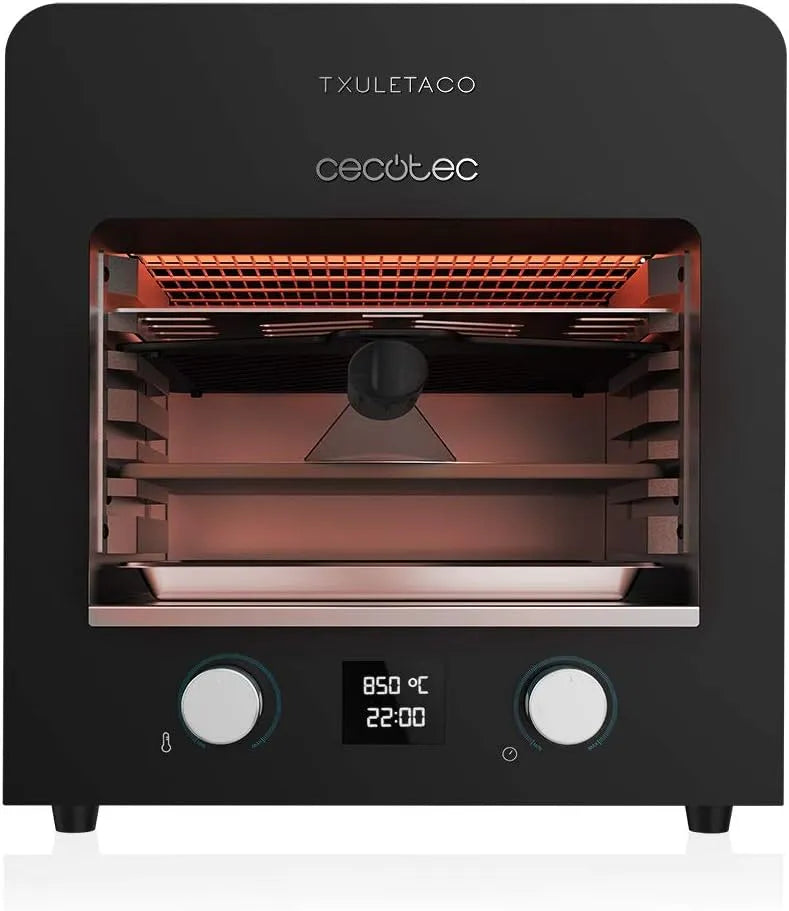 Cecotec Forno elettrico, 2200 W, ghisa, 2 zone di temperatura, Vassoio in pietra per pizze, 2 Teglie raccolta del grasso, temperatura fino 850o