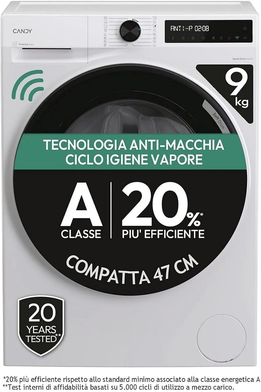 Candy 49SBL8-S 24H Lavatrice, 52, 5cm, 9 kg, 72 dB, Wi-Fi, Inverter, display digitale, bianco, 1400 giri, min, ProWash 500 BR, 16 cicli, Tamburo 52