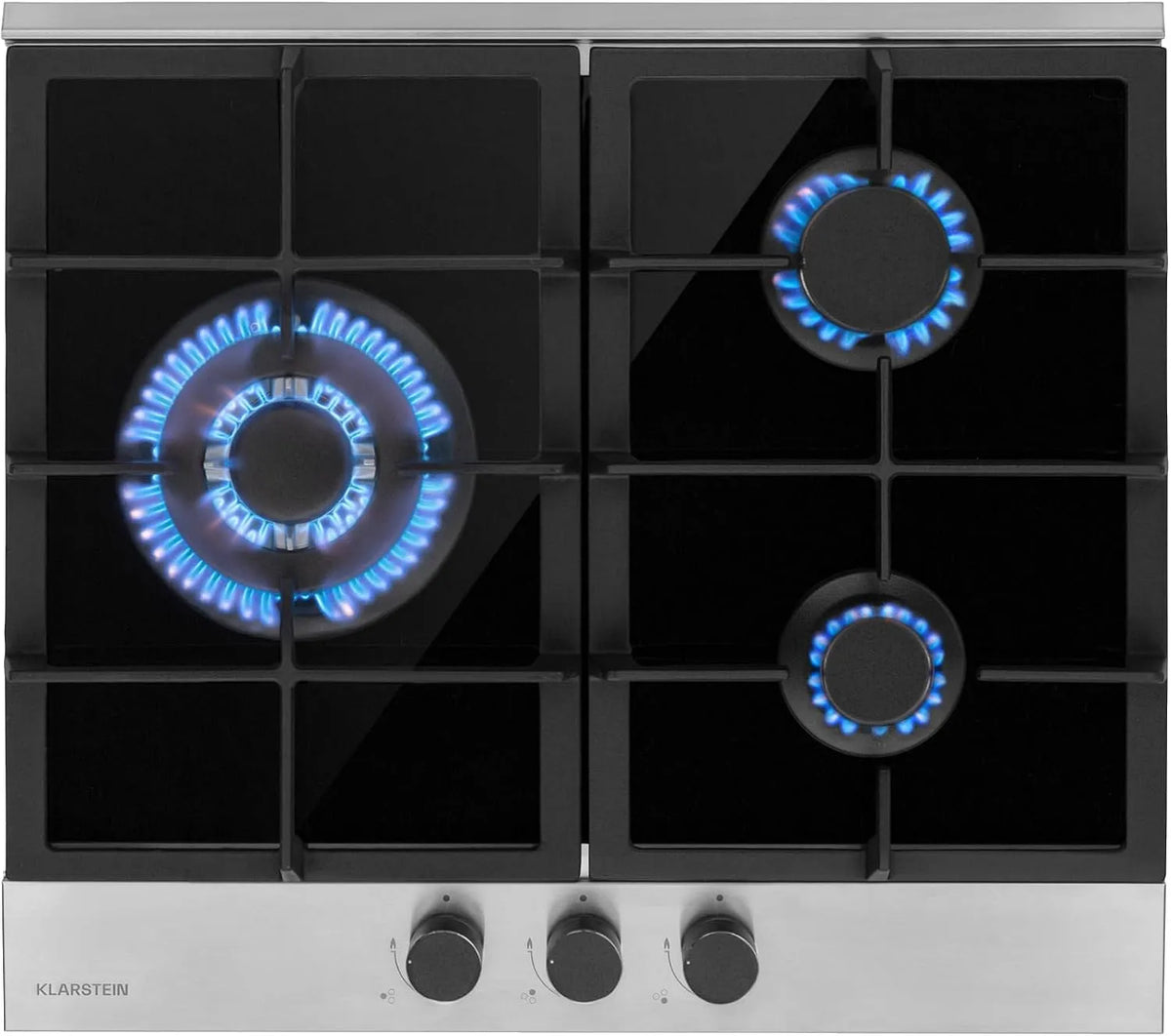 Klarstein 6.2kW Piano cottura a gas, 3 fuochi, da incasso, acciaio inox, fornello a gas, 3 con Coperchio