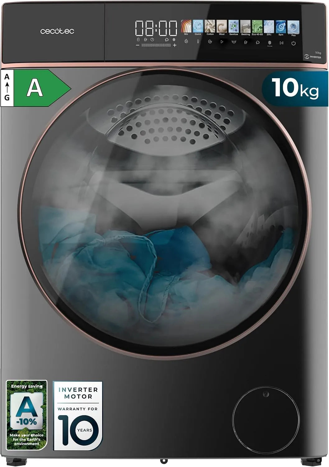 Cecotec Bolero DressCode 10900 A.1400RPM Lavatrice, 11 programmi, 10 kg, Inverter, blu, Display Color, Basso Consumo, Funzione Autodose
